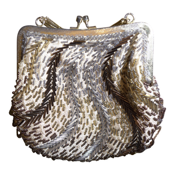 La Regale Hand‑Beaded Evening Purse Gold Bronze Silver Beads Hong Kong VTG EUC - Picture 3 of 12